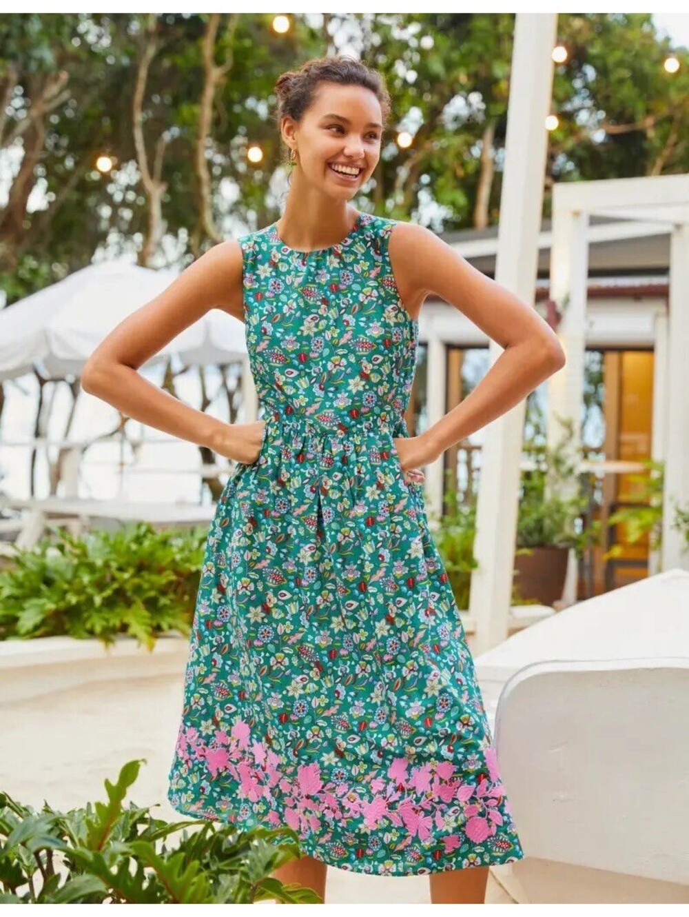 Boden Embroidered Cotton Midi Dress in Green Floral print - Picture 1 of 7